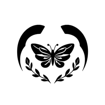 Black and white silhouette of butterfly with intricate wing patterns, framed within an arc and embellished with leafy branches. vector