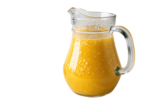 A transparent pitcher brimming with bright, pulpy orange juice. The glass condensation and frothy texture evoke refreshment and natural goodness png