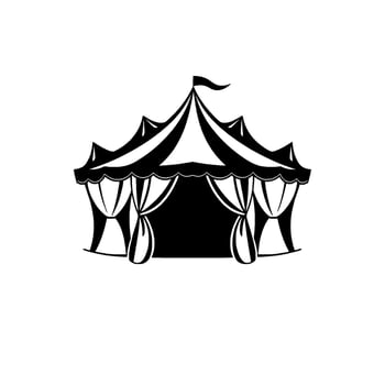 Minimalist Circus Tent Silhouette A Classic Black and White Depicting a Big Top with a Flag Against a Pure White Background. vector