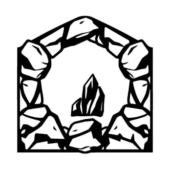 Black and white depicting a rocky archway enclosing a cluster of crystalline structures, suggesting a hidden gem. vector