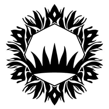 Ornate Black and White Crown Crest in a Floral Wreath, Depicting Regal Elegance and Botanical Symmetry. vector