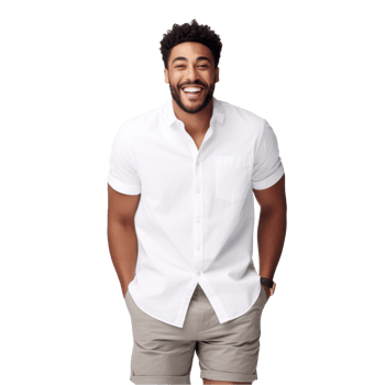 A man is smiling and wearing a white shirt and khaki shorts. isolated on transparent background png