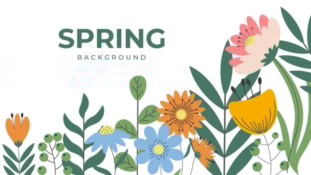 Spring or Summer Background with Abstract Flowers and Trendy Typography. Hello Spring Summer Banner with Cute Flower. Template for Hand Drawn Floral Art Poster for Women, Mother Day March 8, Birthday. vector