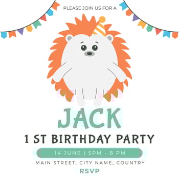 Greeting invitation card for first kids Birthday party. Cute baby hedgehog in flat childrens style. illustration, design for card, poster, banner vector