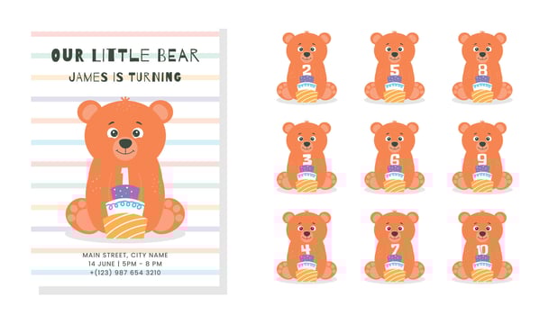 Greeting and invitation card for kids Birthday party. Cute baby bear and cake with number in flat childrens style. illustration, design for card, poster, banner vector