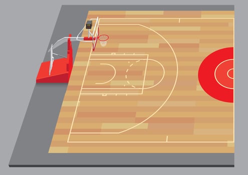 a hard wood basketball court from side with basketball ring hood vector