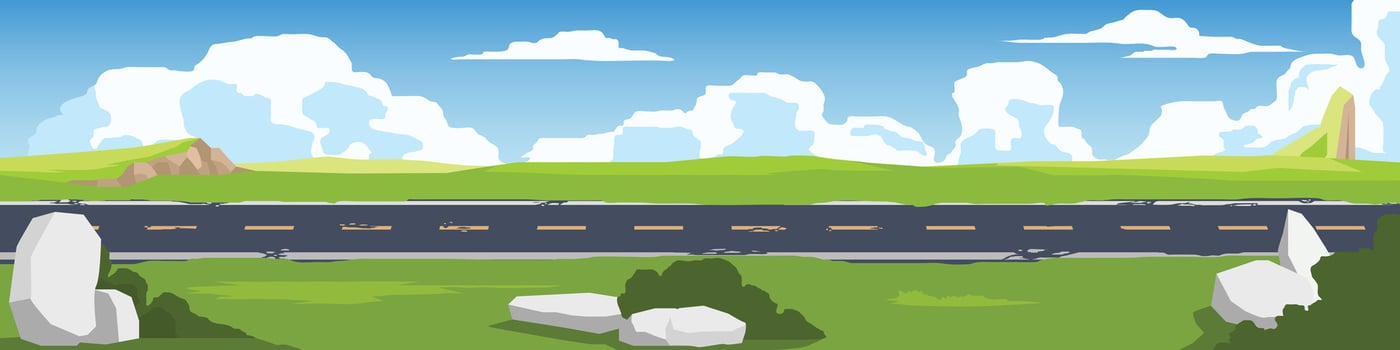 Grassland landscape for banner. Asphalt road near meadow with green hills. Broken road line color. Grass covered roadside. Under clear sky. Flat for copy space. vector