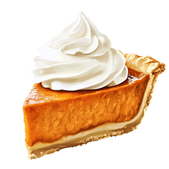 Slice of pumpkin pie topped with fluffy whipped cream png