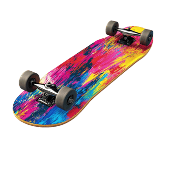 Multicolored skateboard with a psychedelic tie dye pattern on the deck png