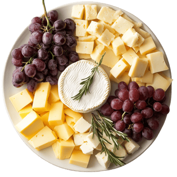 cheese platter with cubed cheese grapes and a sprig of rosemary png