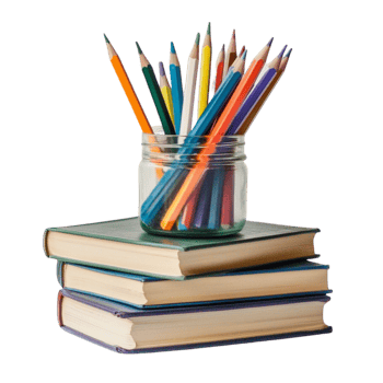 Stack of books with a glass jar full of sharpened colored pencils png