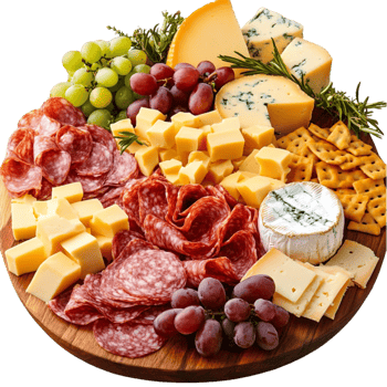 Gourmet charcuterie board with assorted cheeses meats and grapes png