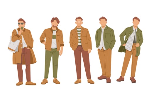 set of man posing in stylish outfits isolated flat design illustration vector