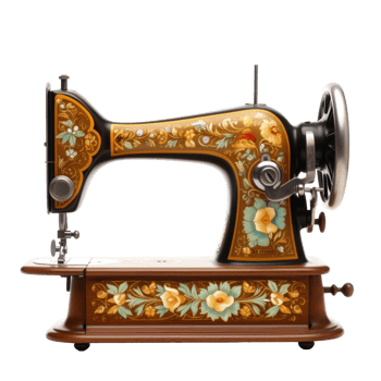 brown sewing machine with gold and floral designs. isolated on transparent background png