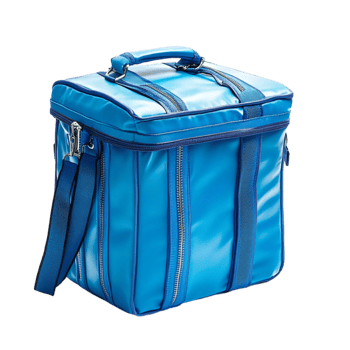 Insulated blue lunch bag with a zipper and handle png