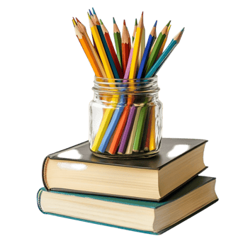 Glass jar filled with colorful pencils placed on books png