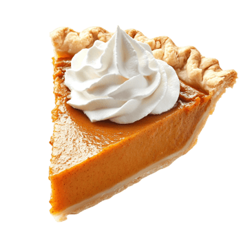 Slice of pumpkin pie topped with a swirl of whipped cream png