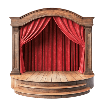 Small wooden theater stage with red velvet curtains and an arched top png