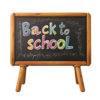 Small wooden chalkboard with colorful back to school message written in chalk png