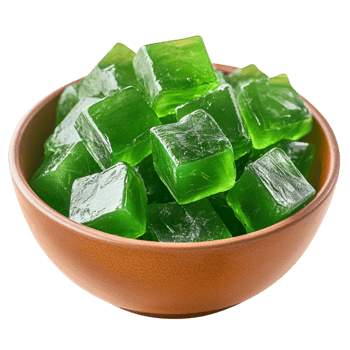 Small brown bowl filled with translucent green jelly cubes png