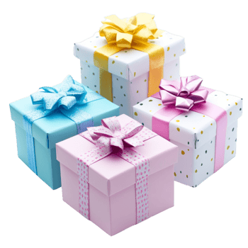 Stack of beautifully wrapped gift boxes with bows and ribbons png