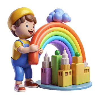 dramatic vintage elegant vintage Child Playing with Rainbow and 3D City Illustration exclusive exclusive png