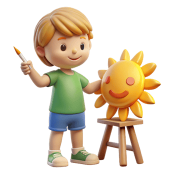 3D Render Child Artist Painting Sun Illustration png