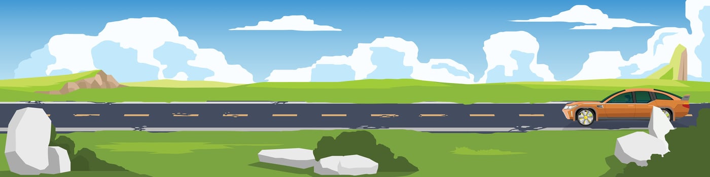 Travels of orange sedan car with driving for banner. Asphalt road near the meadow. And broken traffic line color. with green hills under clear sky. Copy Space Flat . vector