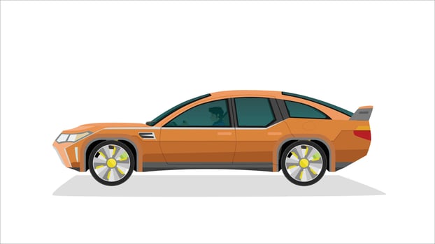Concept illustration of detailed side of a flat orange sedan car. with shadow of car on reflected from the ground below. can view interior of car with driver man. vector