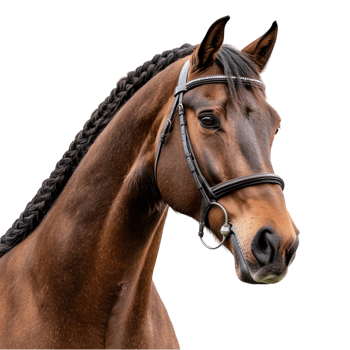 Beautiful brown horse with a black bridle and braided mane png