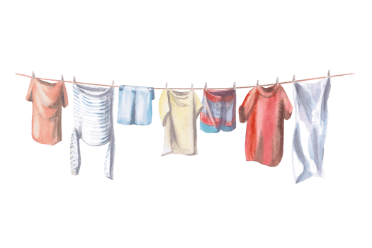 Drying laundry hanging on a line. Isolated watercolor illustration for decorating washing powders, cleaning products, household scenes. png