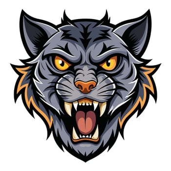 Aggressive gray wildcat head with orange accents, snarling, showing teeth. vector