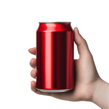 Hand holding a shiny red aluminum so can with a surface png