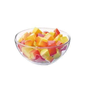 Glass bowl containing colorful fruit jelly cubes in different flavors png