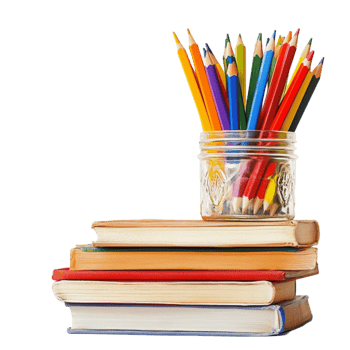 Stack of books with a glass jar filled with colorful pencils on top png