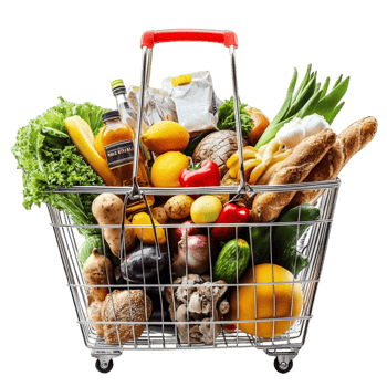 Shopping cart filled with fruits vegetables and grocery essentials png
