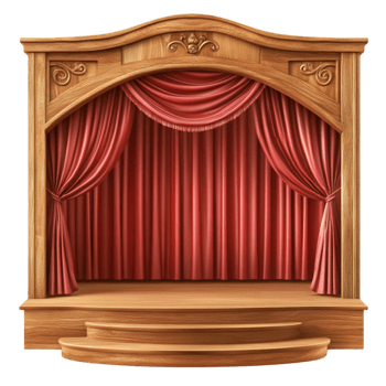 Beautiful wooden theater stage with a red velvet curtain and ornate frame png