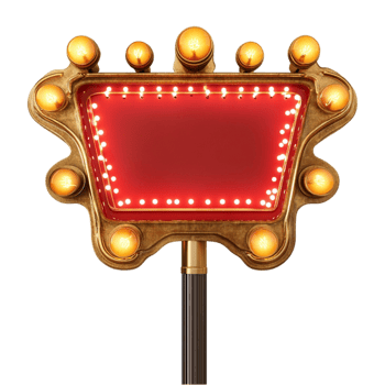 Retro style red marquee sign with glowing yellow light bulbs around the edges png