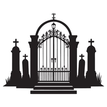Spooky Cemetery Gate Illustration with Tombstones Silhouette Design vector
