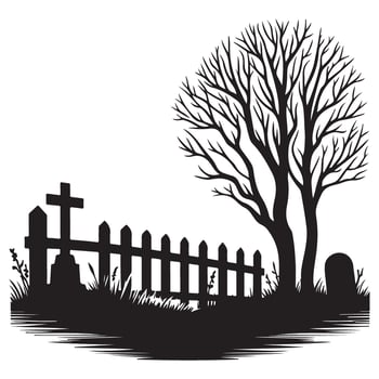Eerie Halloween Graveyard Silhouette with Tree and Tombstone Illustration vector