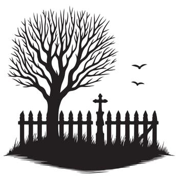 Haunting Cemetery Silhouette Illustration with Bare Tree Design Element vector