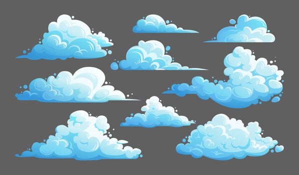 Cartoon cloud set. Fluffy cumulus clouds collection isolated on a gray background. Flat illustration of cloudscape elements for banner design, flyers, covers, and websites. Cloudy day. vector