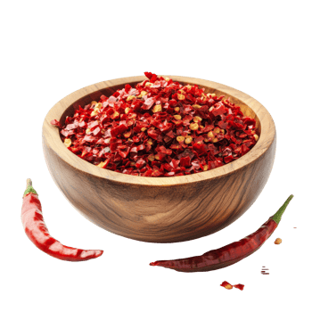 Vibrant crushed red chili pepper rests in a wooden bowl on a surface with whole chili peppers nearby for added flair, Crushed red chili pepper in wood bowl isolated on transparent background png