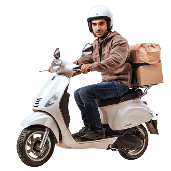 Delivery man riding a scooter with packages against a transparent transparent background, a delivery man on his scooter on transparent background png