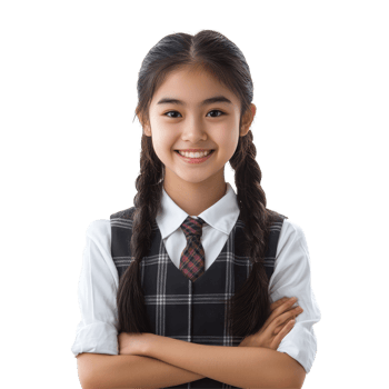Portrait of a happy Asian student girl in a school uniform with braids smiling confidently, Portrait Happy Asian student girl in school uniform isolated transparent background png
