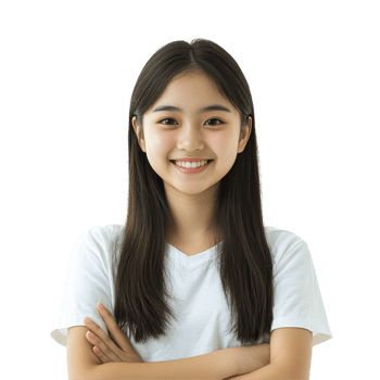 Happy young Asian student confidently smiling with arms crossed in a bright, minimal indoor environment, Portrait Happy Young Asian student girl cross arm isolated transparent background png