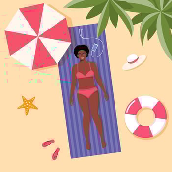 Black woman in swimsuit sunbathes on the beach. Top view beach background. Summer time vacations. illustration. vector