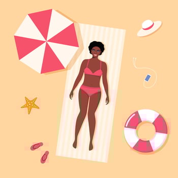 Beautiful black woman in swimsuit sunbathes on the beach. Top view beach background. Summer vacations. vector
