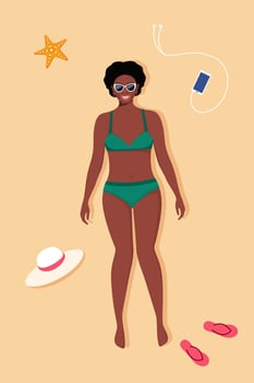 Happy black woman in swimsuit sunbathes on the beach. Top view beach background. Summer time vacations. illustration. vector