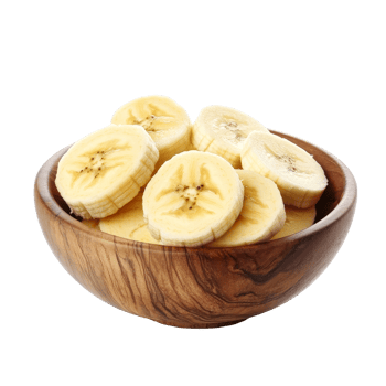 Fresh banana slices in a wooden bowl isolated on a clean transparent background, Banana slice in wood bowl isolated on transparent background png
